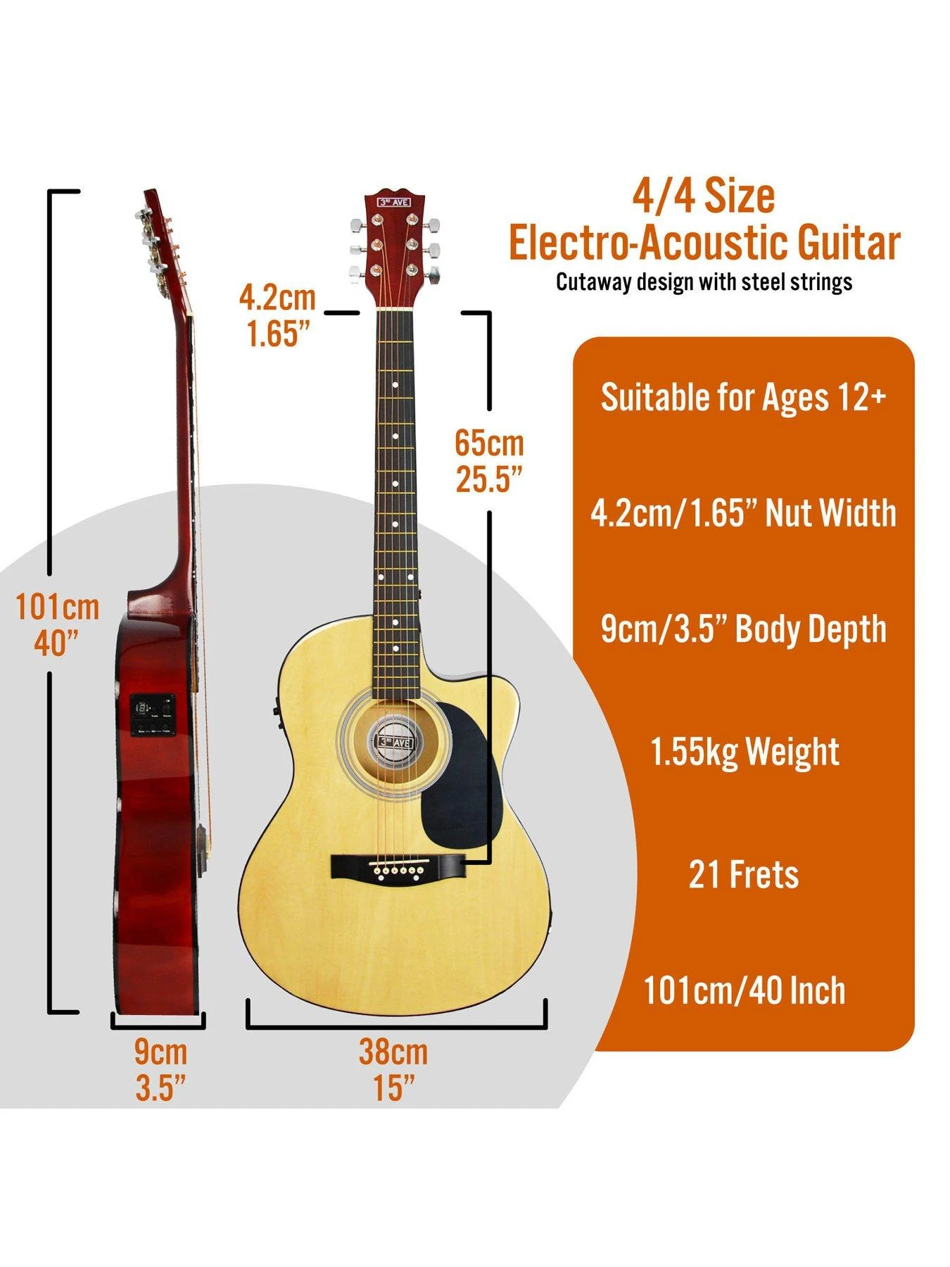 3rd Avenue Cutaway Electro Acoustic Guitar Pack With Free Online Music Lessons 2 3rd Avenue Cutaway Electro Acoustic Guitar Pack With Free Online Music Lessons - Image 2