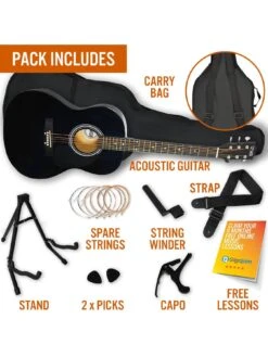 3rd Avenue Full Size 4/4 Acoustic Guitar Pack For Beginners - 6 Months FREE Lessons - Black -Digital Station Q7DRJ SQ5 0000000004 BLACK SLd1