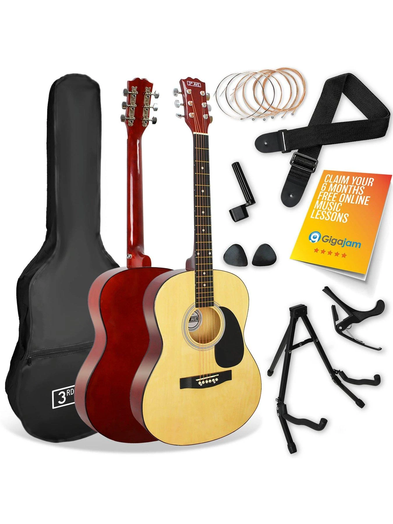 3rd Avenue Full Size 4/4 Acoustic Guitar Pack For Beginners - 6 Months FREE Lessons - Natural 1 3rd Avenue Full Size 4/4 Acoustic Guitar Pack For Beginners - 6 Months FREE Lessons - Natural