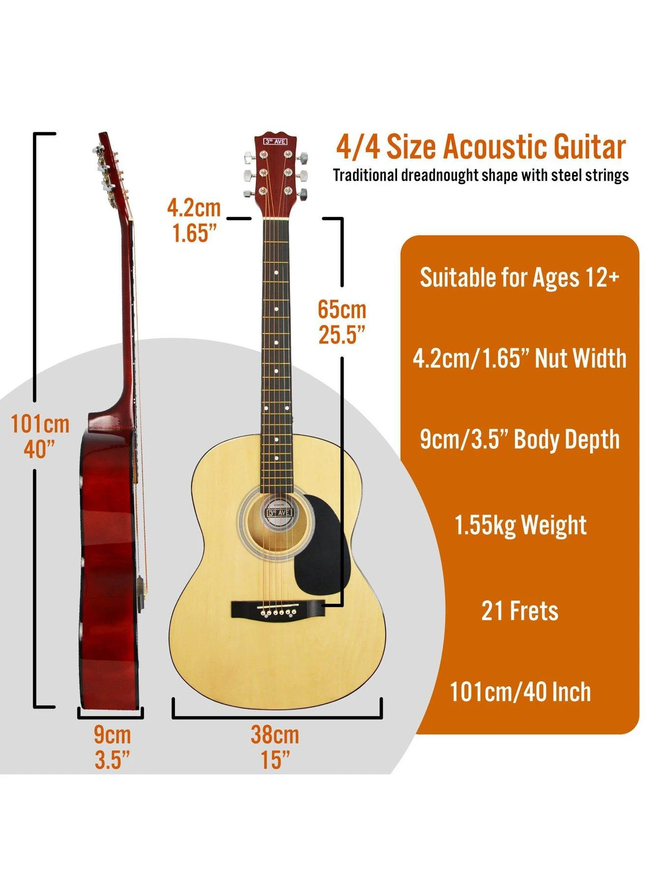 3rd Avenue Full Size 4/4 Acoustic Guitar Pack For Beginners - 6 Months FREE Lessons - Natural 2 3rd Avenue Full Size 4/4 Acoustic Guitar Pack For Beginners - 6 Months FREE Lessons - Natural - Image 2