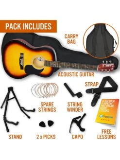 3rd Avenue Full Size 4/4 Acoustic Guitar Pack For Beginners - 6 Months FREE Lessons - Sunburst -Digital Station Q7DRT SQ5 0000003989 SUNBURST SLd1