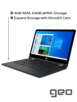 Geo GeoFlex 110 11.6-inch HD Convertible Windows 10 Laptop With Touchscreen, Intel Celeron Dual Core, 4GB RAM, 64GB Storage With Optional Norton 360 (1 Year) -Digital Station RNFEJ SQ4 0000000004 BLACK SLd