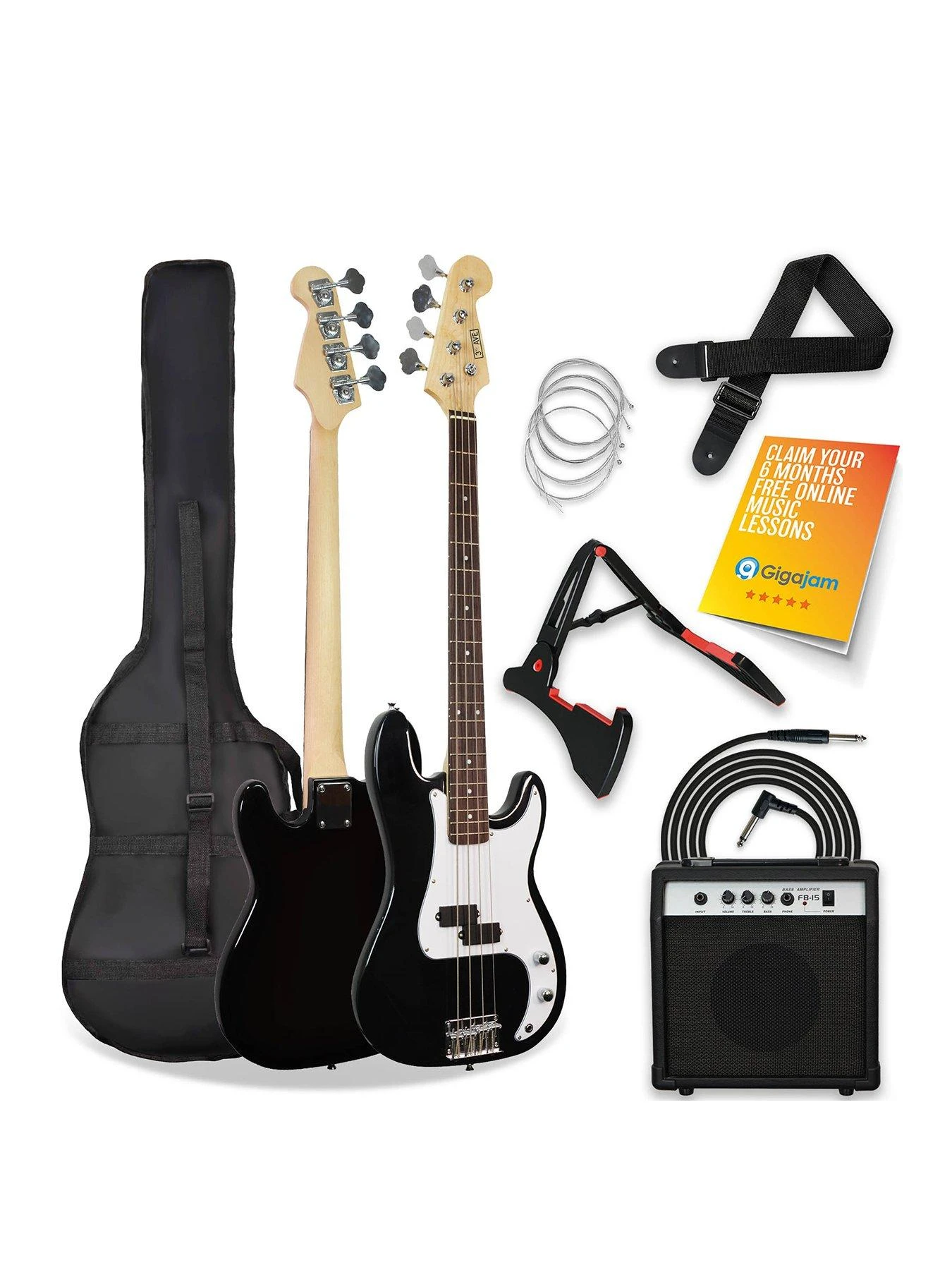 3rd Avenue Full Size Bass Guitar Ultimate Kit With 15W Amp - 6 Months FREE Lessons - Black 1 3rd Avenue Full Size Bass Guitar Ultimate Kit With 15W Amp - 6 Months FREE Lessons - Black