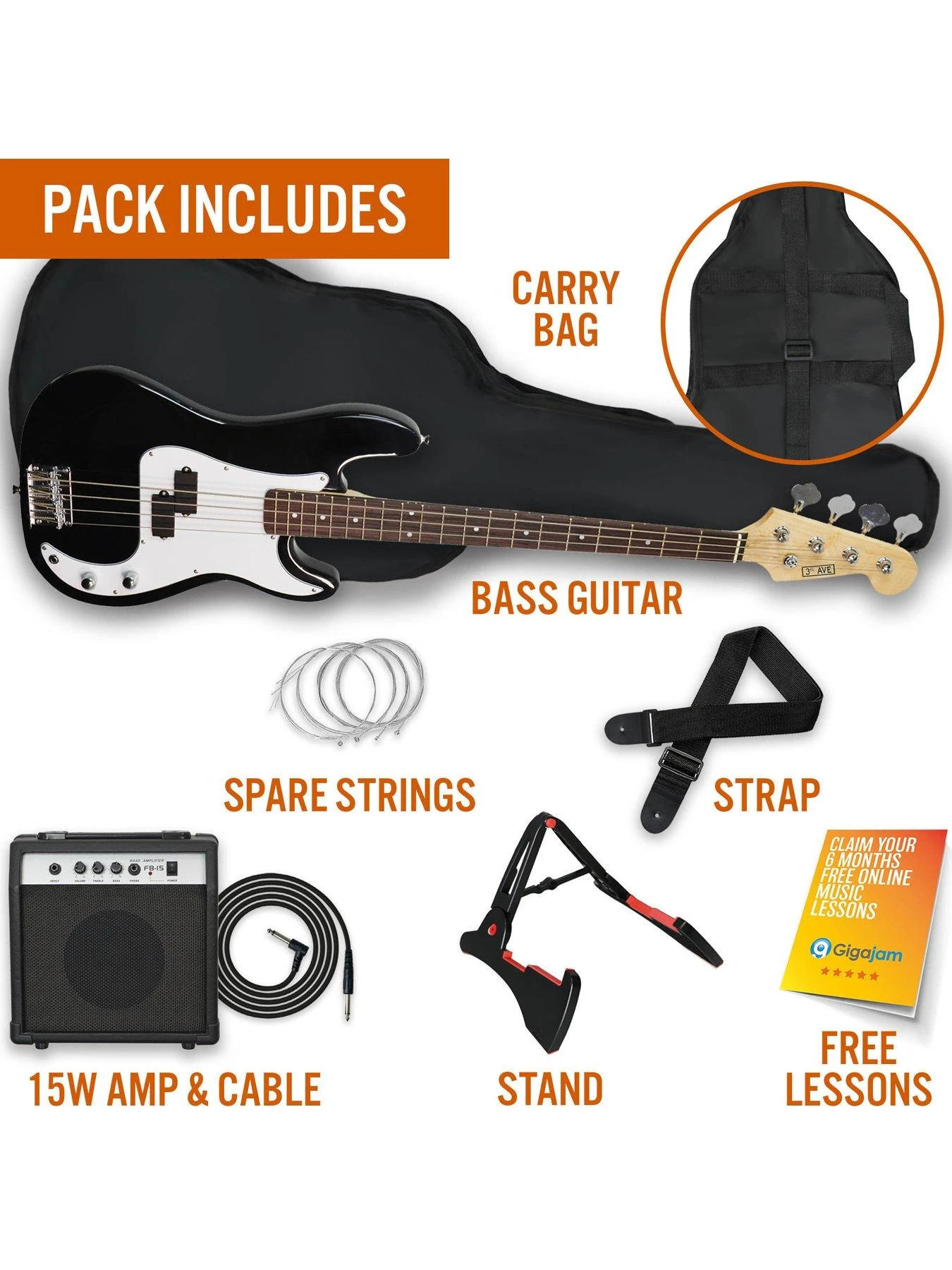 3rd Avenue Full Size Bass Guitar Ultimate Kit With 15W Amp - 6 Months FREE Lessons - Black 3 3rd Avenue Full Size Bass Guitar Ultimate Kit With 15W Amp - 6 Months FREE Lessons - Black - Image 3