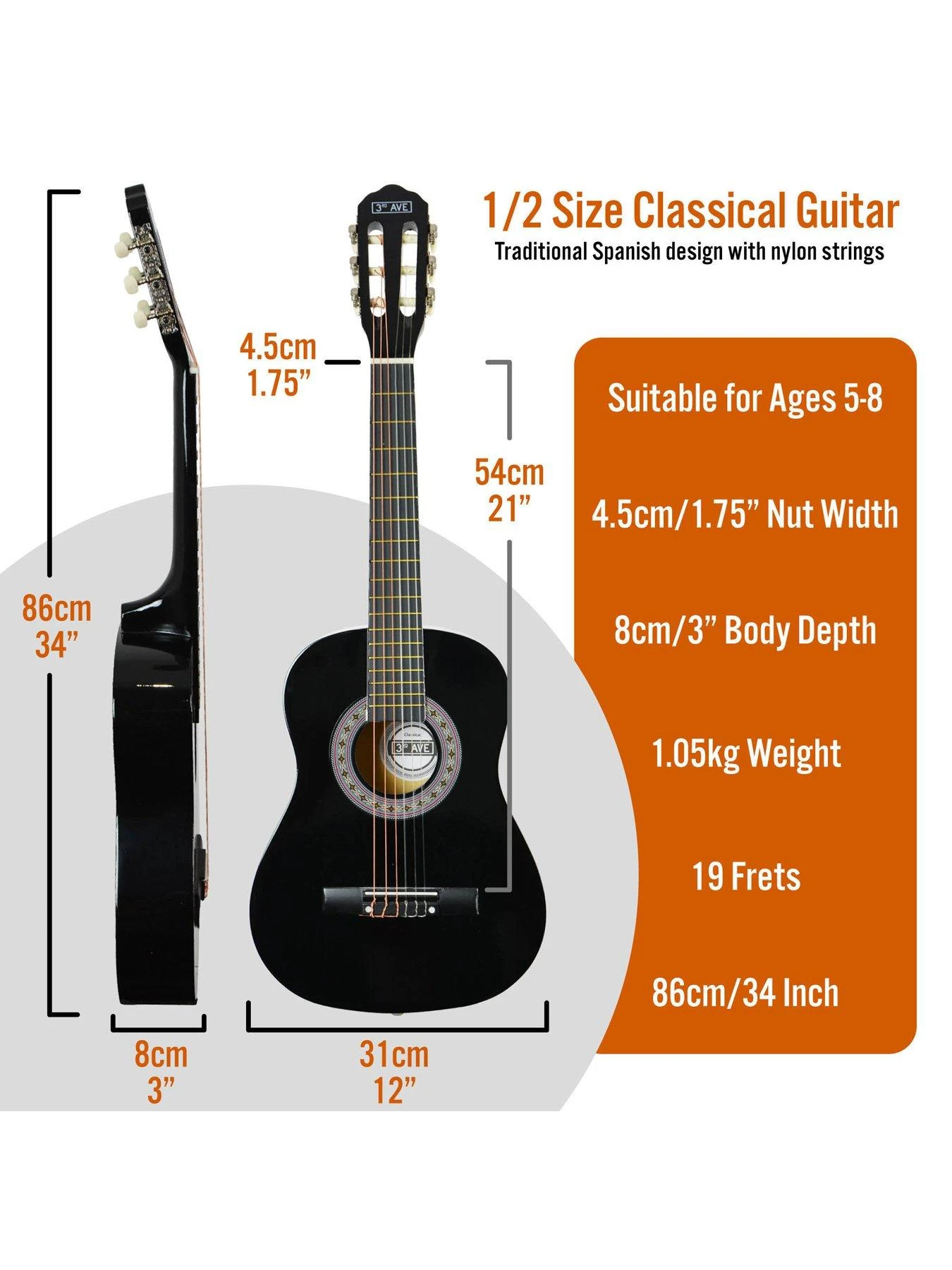 3rd Avenue 1/2 Size Classical Guitar Pack - Black 2 3rd Avenue 1/2 Size Classical Guitar Pack - Black - Image 2