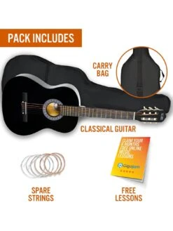3rd Avenue Full Size 4/4 Classical Guitar Beginner Bundle - 6 Months FREE Lessons - Black -Digital Station TATMH SQ3 0000000099 N A SLd1