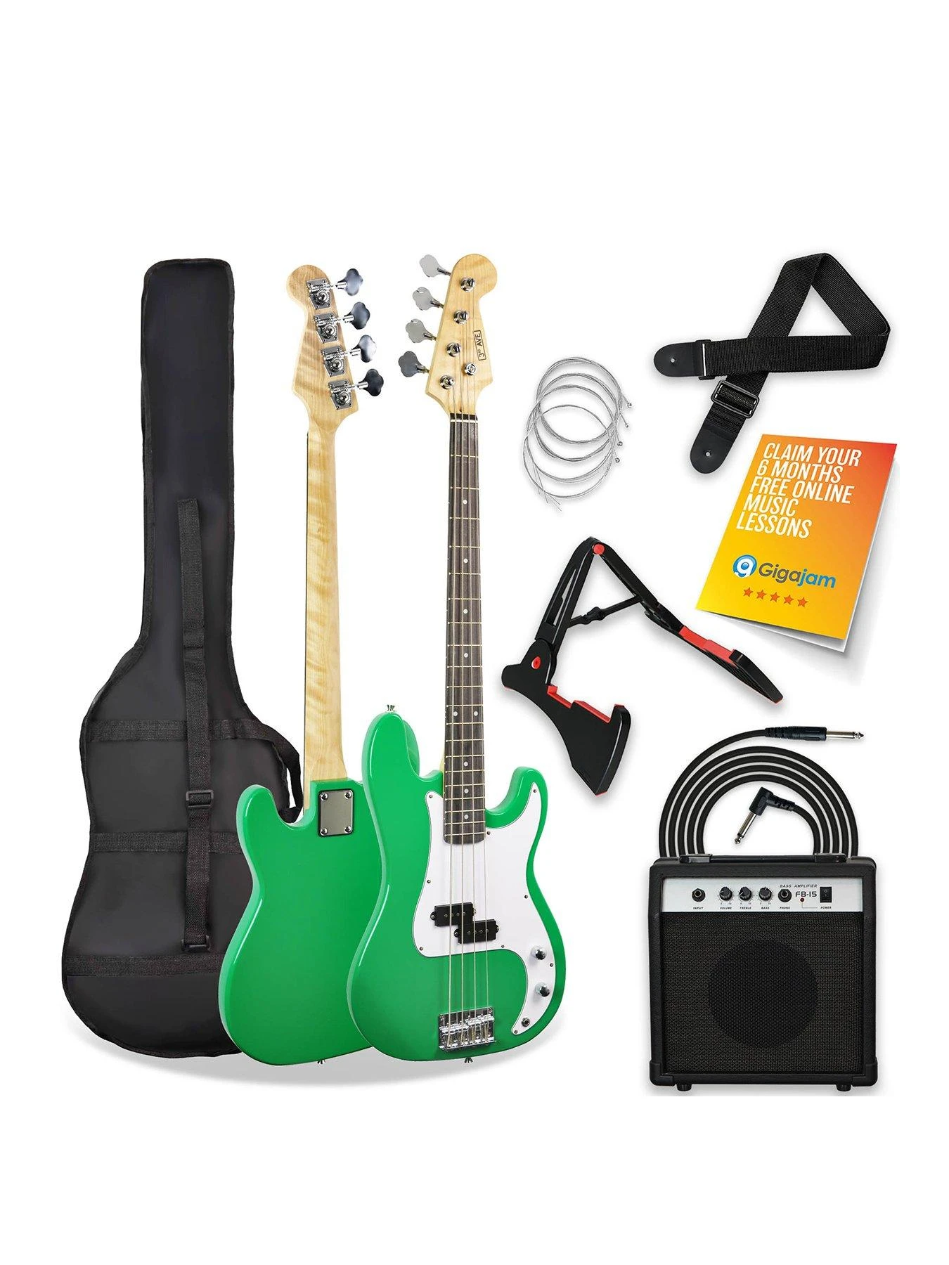 Full Size Bass Guitar Ultimate Kit With 15W Amp - 6 Months FREE Lessons - Green 1 Full Size Bass Guitar Ultimate Kit With 15W Amp - 6 Months FREE Lessons - Green
