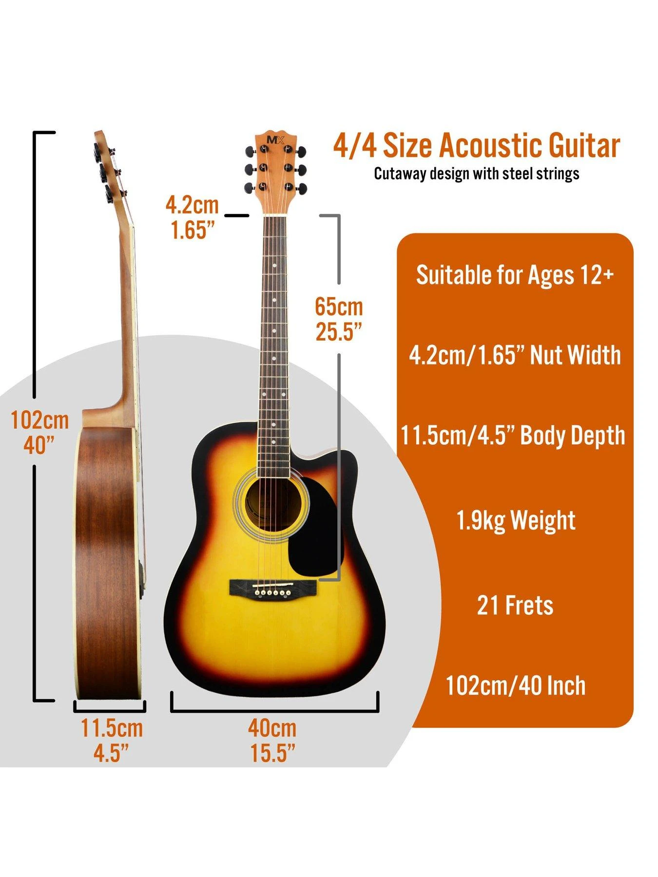 MX By 3rd Avenue Performance Series Acoustic Guitar Full Size Guitar Package - Sunburst 2 MX By 3rd Avenue Performance Series Acoustic Guitar Full Size Guitar Package - Sunburst - Image 2