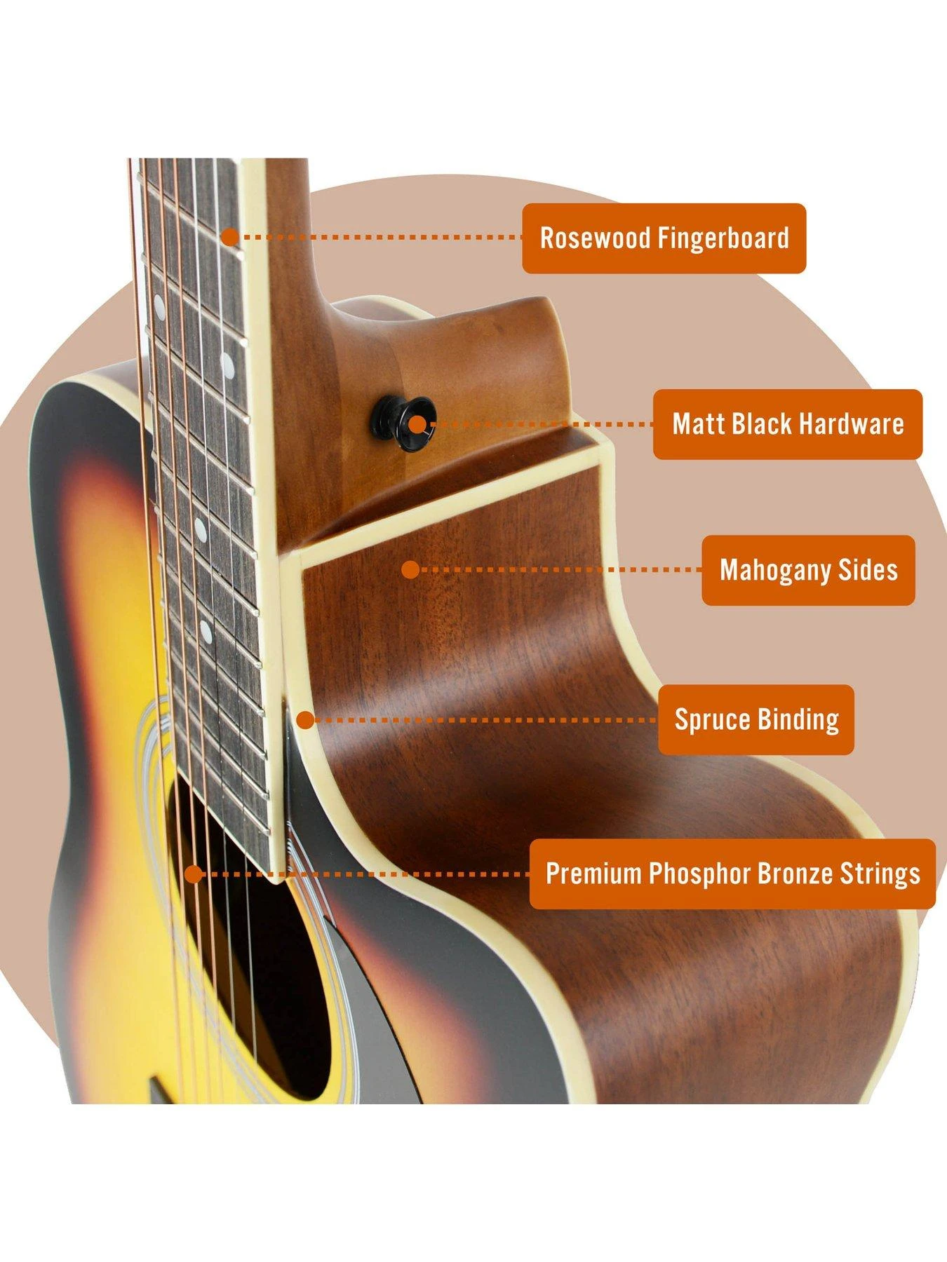 MX By 3rd Avenue Performance Series Acoustic Guitar Full Size Guitar Package - Sunburst 4 MX By 3rd Avenue Performance Series Acoustic Guitar Full Size Guitar Package - Sunburst - Image 4