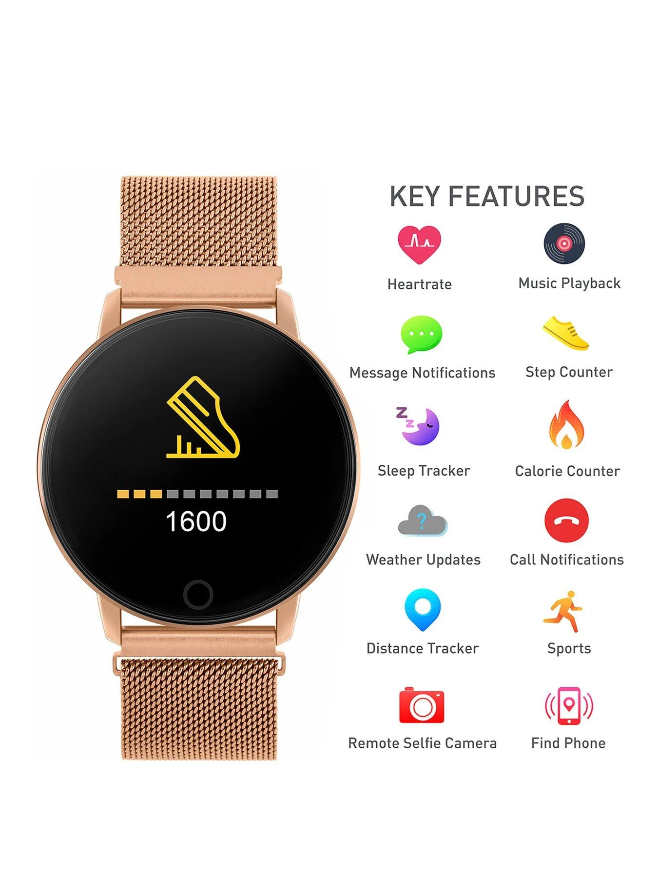 Reflex Active Series 5 Smart Watch With Heart Rate Monitor, Colour Touch Screen And Rose Gold Stainless Steel Mesh Strap 2 Reflex Active Series 5 Smart Watch With Heart Rate Monitor, Colour Touch Screen And Rose Gold Stainless Steel Mesh Strap - Image 2
