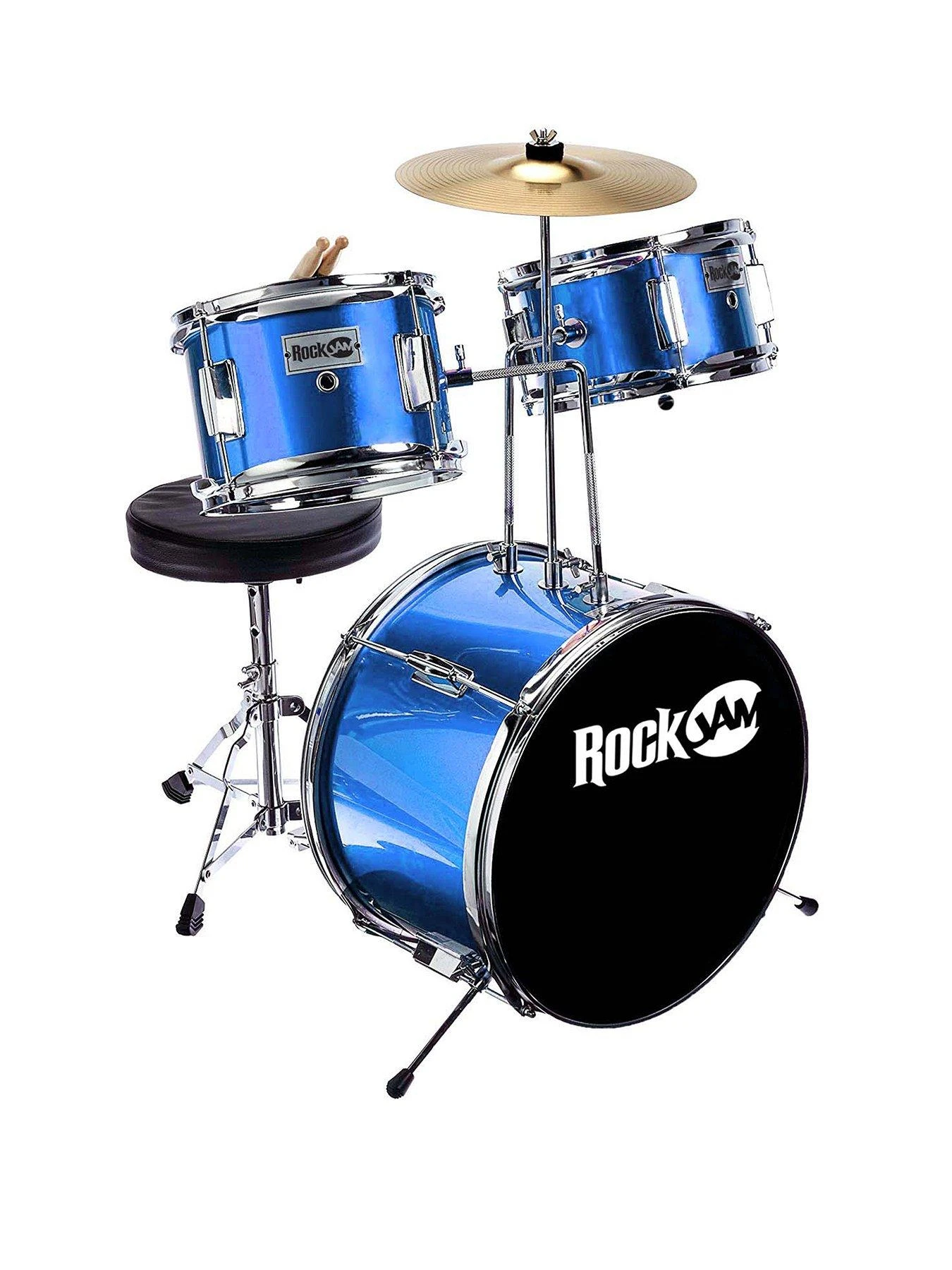 RockJam 3 Piece Junior Drum Kit With Cymbal, Pedal, Stool And Sticks - Metallic Blue 1 RockJam 3 Piece Junior Drum Kit With Cymbal, Pedal, Stool And Sticks - Metallic Blue