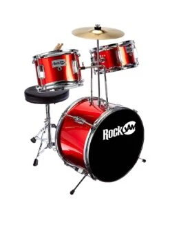 RockJam 3 Piece Junior Drum Kit With Cymbal, Pedal, Stool And Sticks - Metallic Red