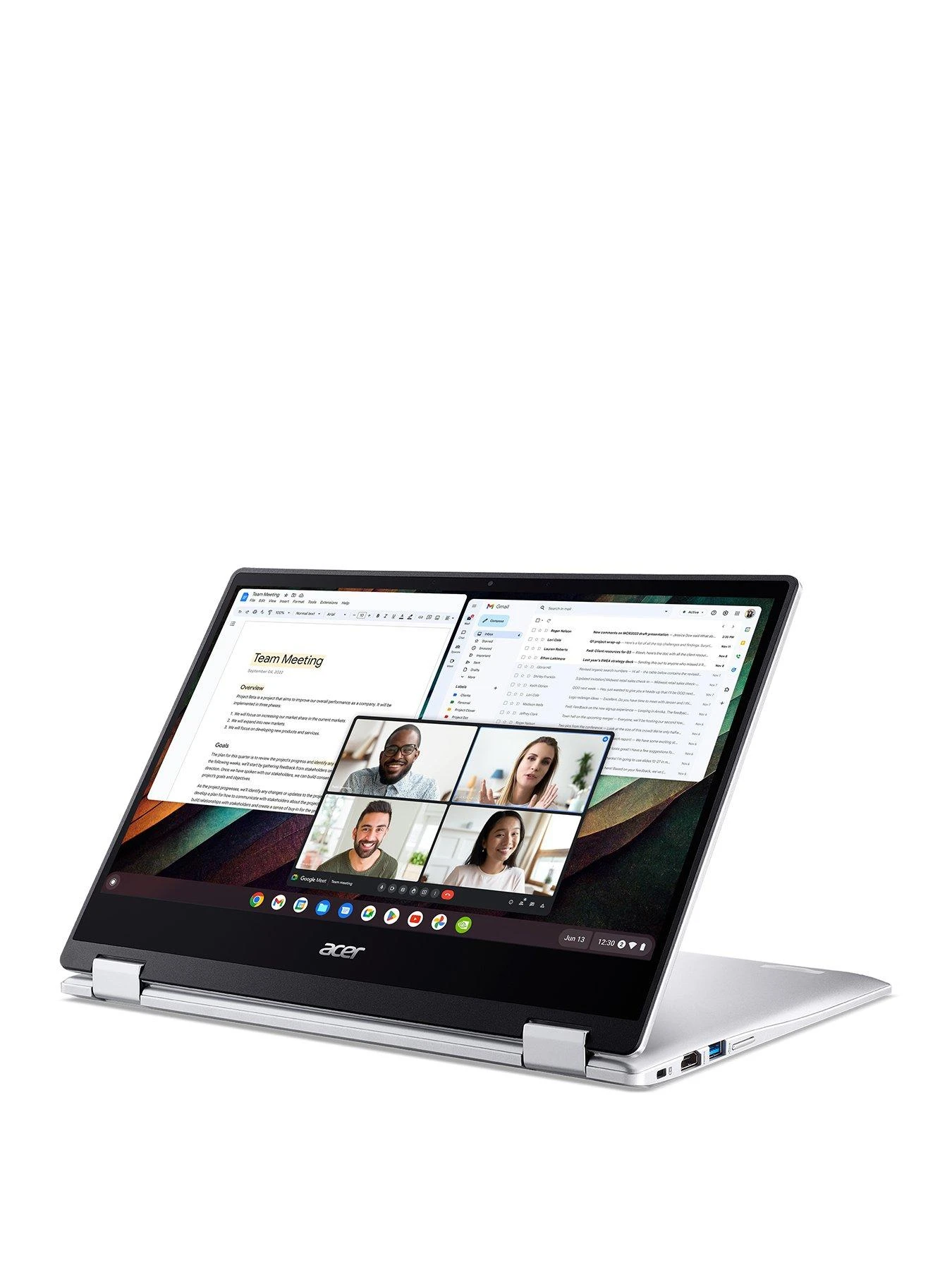 Acer Chromebook Spin 314, Intel Celeron, 4GB RAM 128GB SSD, 14in HD Touchscreen Laptop - Silver 2 Acer Chromebook Spin 314, Intel Celeron, 4GB RAM 128GB SSD, 14in HD Touchscreen Laptop - Silver - Image 2