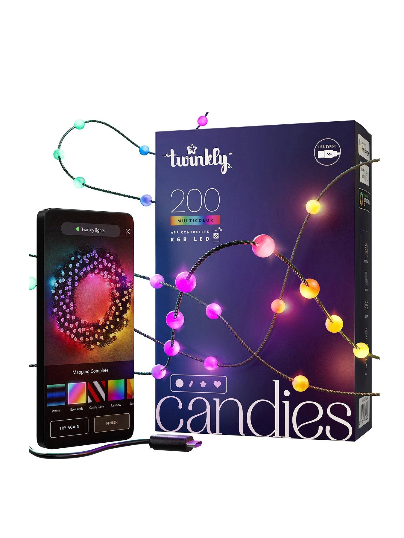 Twinkly Candies 200L 8MM Pearl Shape RGB Lens Light String, 6cm Lamp Spacing, BT+WiFi, IP20 - USB-C Powered 1 Twinkly Candies 200L 8MM Pearl Shape RGB Lens Light String, 6cm Lamp Spacing, BT+WiFi, IP20 - USB-C Powered