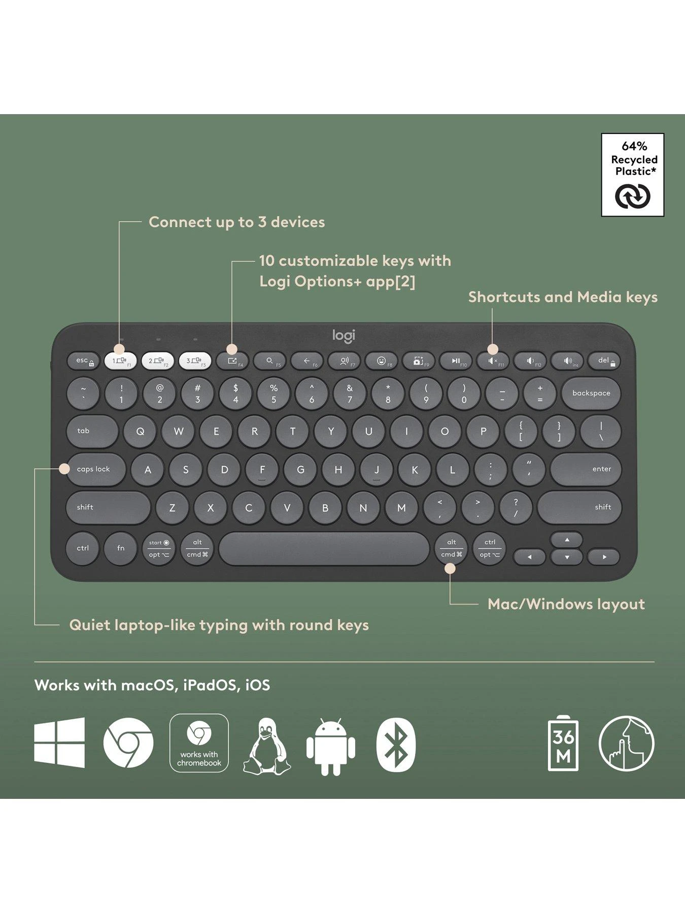 Logitech Pebble Keys 2 K380s, Multi-Device Bluetooth Wireless Keyboard, Slim And Portable - Graphite 6 Logitech Pebble Keys 2 K380s, Multi-Device Bluetooth Wireless Keyboard, Slim And Portable - Graphite - Image 6