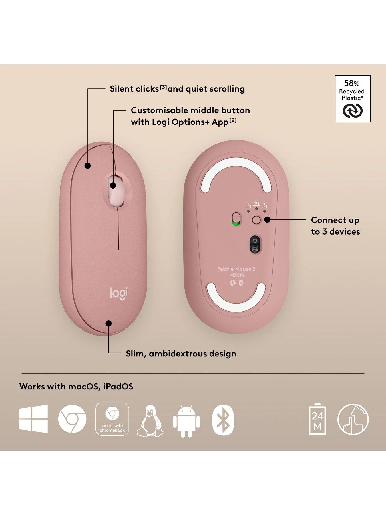 Logitech Pebble Mouse 2 M350s Slim Bluetooth Wireless Mouse, Lightweight, Quiet Clicks - Rose 6 Logitech Pebble Mouse 2 M350s Slim Bluetooth Wireless Mouse, Lightweight, Quiet Clicks - Rose - Image 6