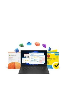 HP 15-fc0018na, AMD Ryzen 3, 4GB RAM 128GB SSD, 15in Laptop - Black With Microsoft M365 Personal (1 Year) & Norton 360 Deluxe 3 Device 1 Year Included