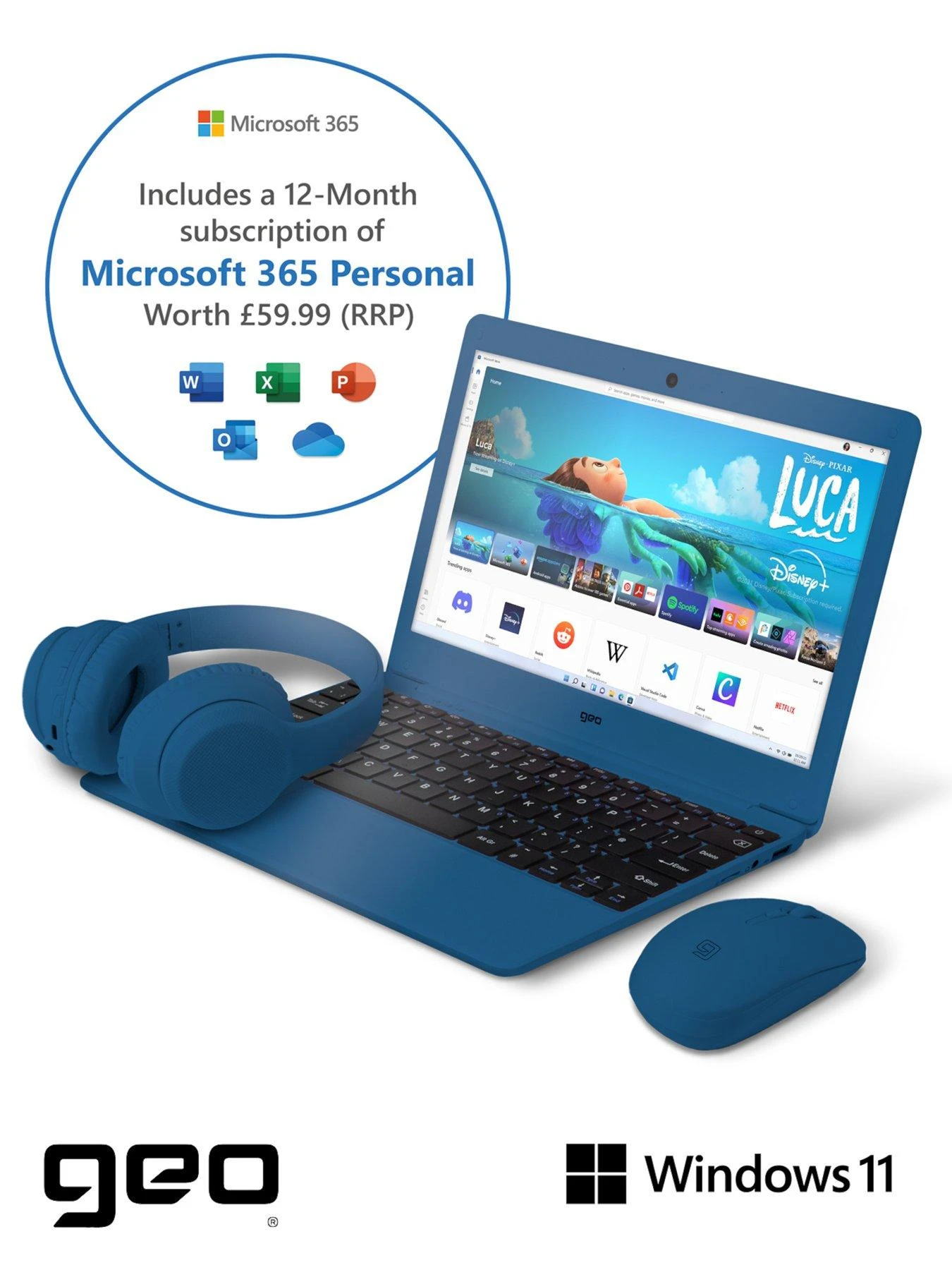 Geo Geobook 110 11.6in 4GB 128GB Windows 11 Blue Laptop, Headset, Mouse And Sleeve Bundle 4 Geo Geobook 110 11.6in 4GB 128GB Windows 11 Blue Laptop, Headset, Mouse And Sleeve Bundle - Image 4