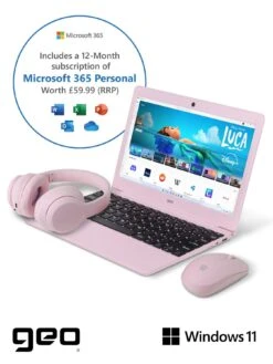 Geo Geobook 110 11.6in 4GB 128GB Windows 11 Pink Laptop, Headset, Mouse And Sleeve Bundle -Digital Station VS584 SQ4 0000000063 PINK SLd